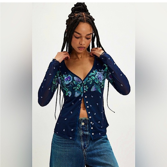 Free People Home Grown mesh cardigan women’s blue combo size small $78 - Picture 1 of 10